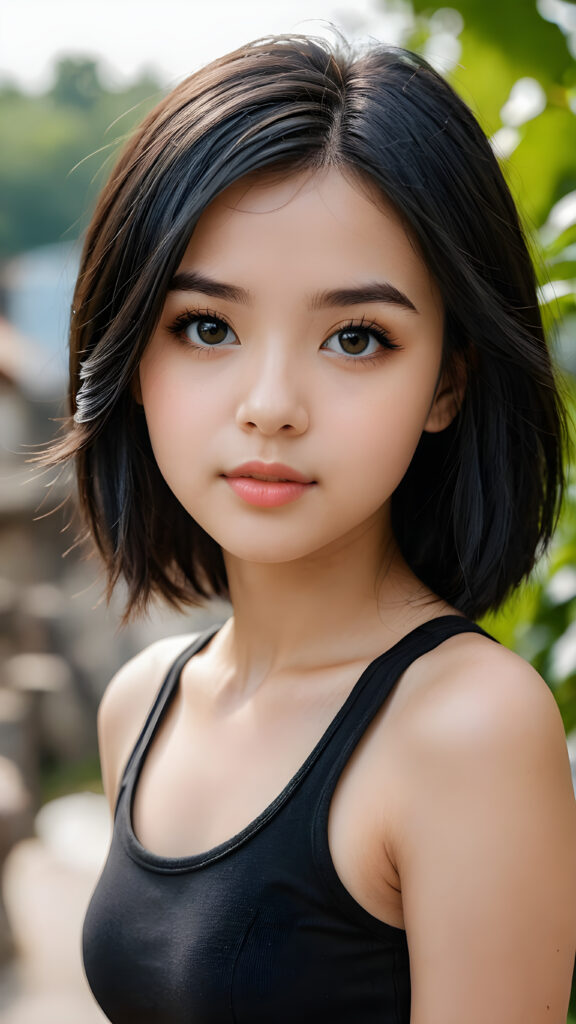 a (((young petite girlie))), wears a short cropped black tank top, straight soft long black hair, black detailed beautiful eyes, ((round face)), full kissable lips, round eyes, perfect skin