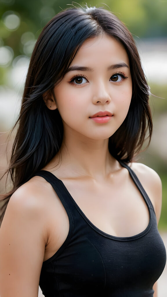 a (((young petite girlie))), wears a short cropped black tank top, straight soft long black hair, black detailed beautiful eyes, ((round face)), full kissable lips, round eyes, perfect skin, curved body, ((upper body))