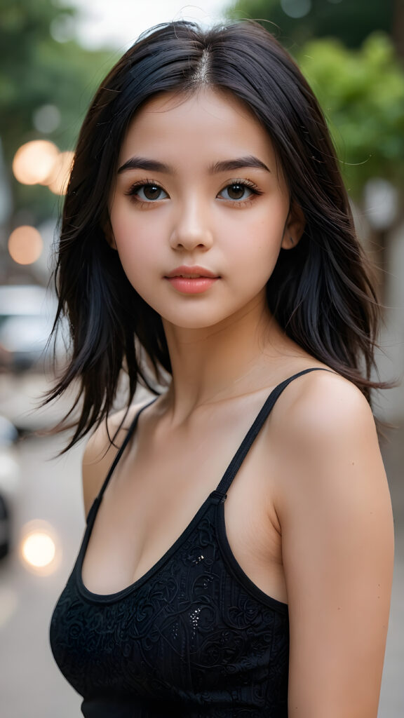 a (((young petite girlie))), wears a short cropped black tank top, straight soft long black hair, black detailed beautiful eyes, ((round face)), full kissable lips, round eyes, perfect skin, curved body, ((upper body))