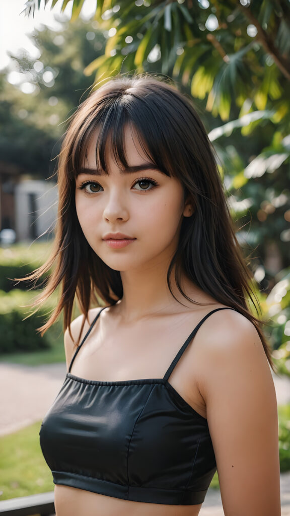 a young, pretty teen girl, dressed in black short crop top made of fine silk, she has long soft full straight jet hair, bangs cut, (detailed, realistic photo)