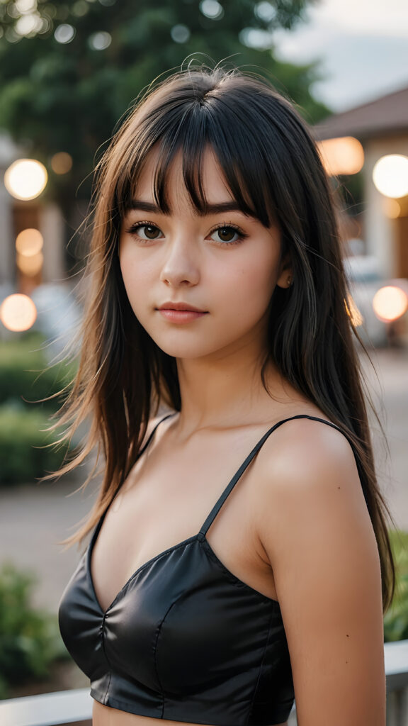 a young, pretty teen girl, dressed in black short crop top made of fine silk, she has long soft full straight jet hair, bangs cut, (detailed, realistic photo)