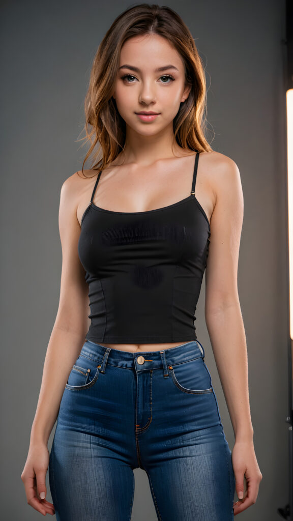 a young, pretty teen girl, (((skin tight, short))) black ((spaghetti tank top)), (((short, high-cut, skin tight jeans))) ((super realistic, detailed photo)), empty background, (((front view))), ((show full body)), (((spaghetti strap tank top))), ((round short mini skirt)), (((realistic photo, ray tracing)))