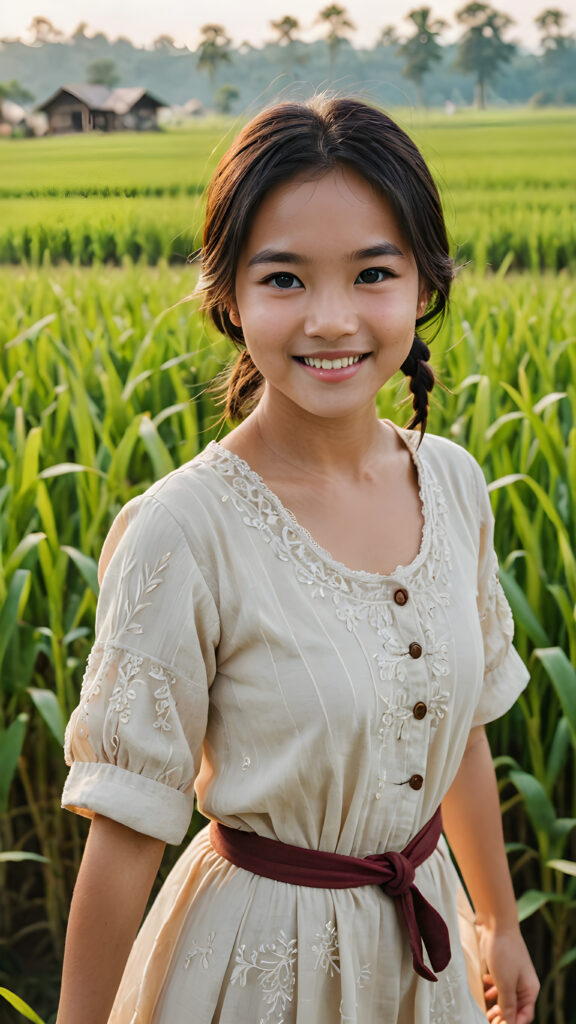 a (((young, beautiful Asian peasant teen girl))), dressed in a simple, flowing dress, smile confidently as she stands amidst a vast (((rice paddy))), her surroundings bathed in a serene, sunny glow