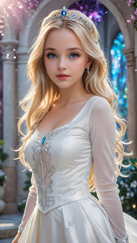 a (((young princess girl))) with long, straight blonde hair that flows like silk, cut in a ((modern, trendy style)), dressed in a ((pure white enchanted outfit))), her piercing blue eyes sparkling with an otherworldly light, her expression tranquil and serene, as she faces the camera with an ethereal glow, a full body shot capturing her perfect, curved form, in a digital drawing style