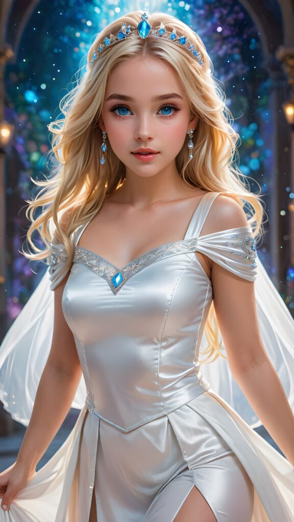 a (((young princess girl))) with long, straight blonde hair that flows like silk, cut in a ((modern, trendy style)), dressed in a ((pure white enchanted outfit))), her piercing blue eyes sparkling with an otherworldly light, her expression tranquil and serene, as she faces the camera with an ethereal glow, a full body shot capturing her perfect, curved form, in a digital drawing style