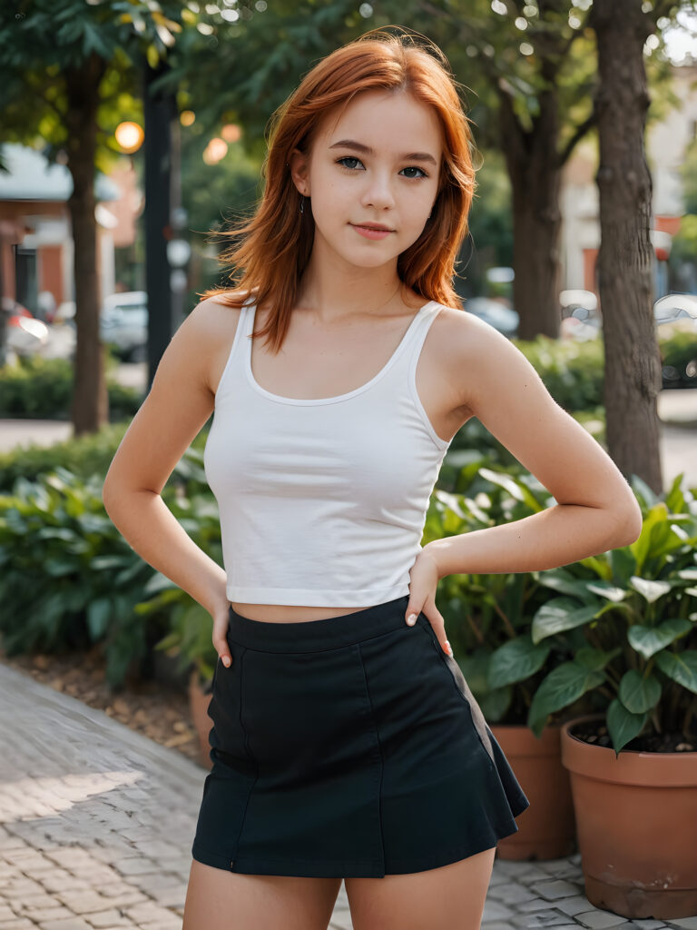 a young stunning and gorgeous young 14 years old teen girl with copper-red straight hair, tomboy, silver-skinned, dressed in a black mini skirt, white super short cropped top that support her perfect curved body