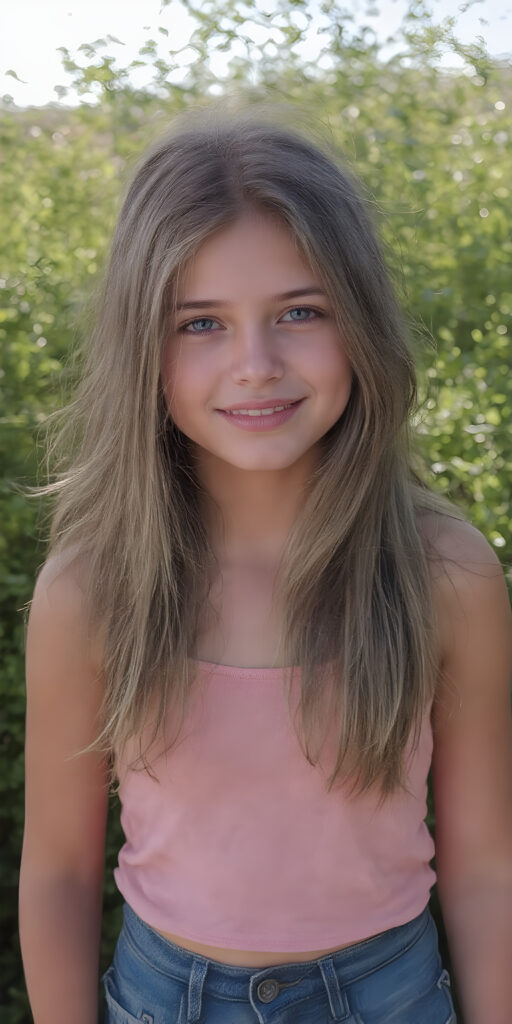 a young stunning gorgeous girl, short tank top, jeans pants, smile, long soft hair, natural green sunny backdrop