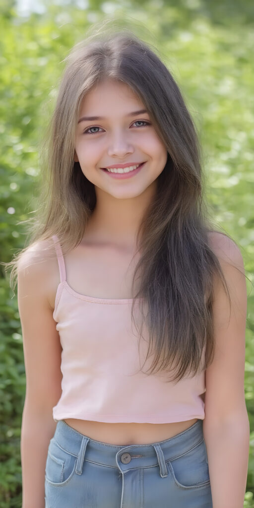 a young stunning gorgeous girl, short tank top, jeans pants, smile, long soft hair, natural green sunny backdrop