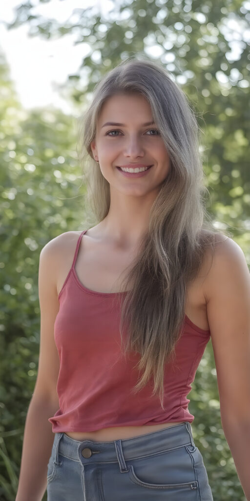 a young stunning gorgeous girl, short tank top, jeans pants, smile, long soft hair, natural green sunny backdrop