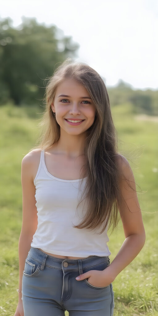 a young stunning gorgeous girl, short tank top, jeans pants, smile, long soft hair, natural green sunny backdrop