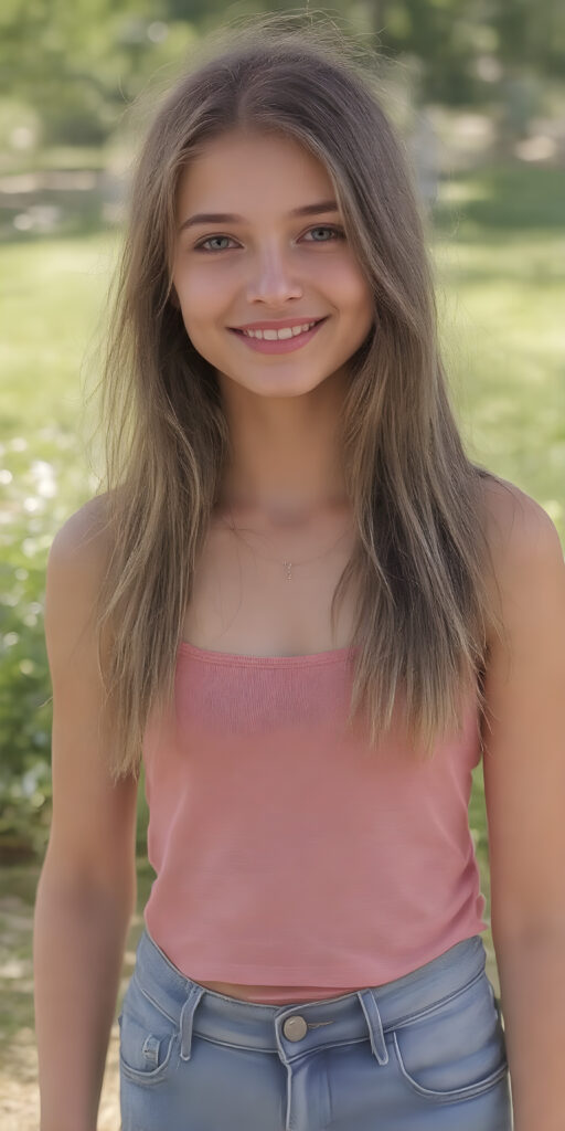 a young stunning gorgeous girl, short tank top, jeans pants, smile, long soft hair, natural green sunny backdrop