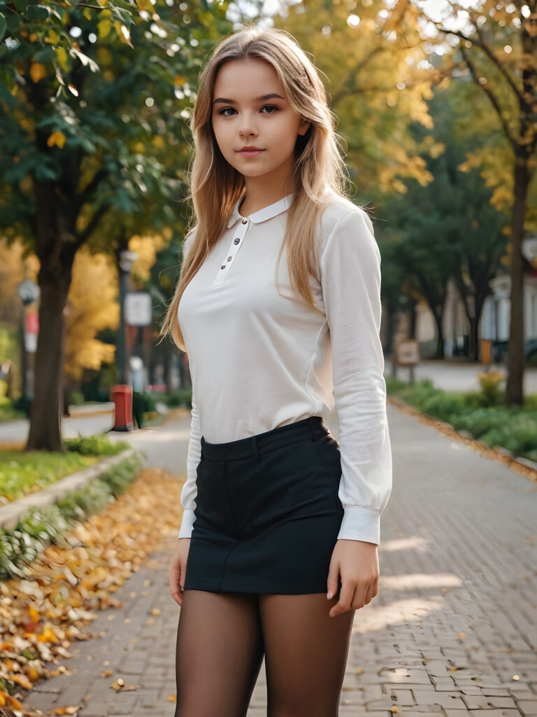 a young stunning young teen girl with blond straight hair, tomboy, long brunette hair, dressed in pantyhose style, (gorgeous)