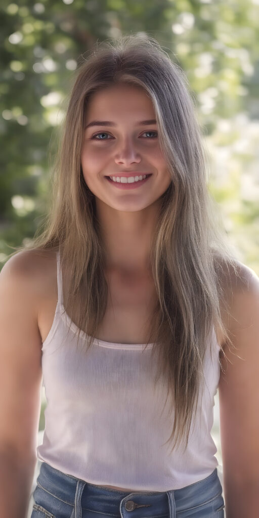 a young stunning gorgeous girl, short tank top, jeans pants, smile, long soft hair, natural green sunny backdrop