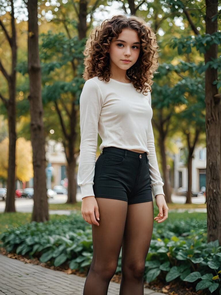 a young stunning teen girl with curly hair, tomboy, long brunette hair, stylized pantyhose