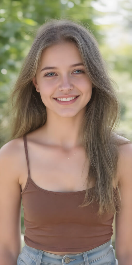 a young stunning gorgeous girl, short tank top, jeans pants, smile, long soft hair, natural green sunny backdrop