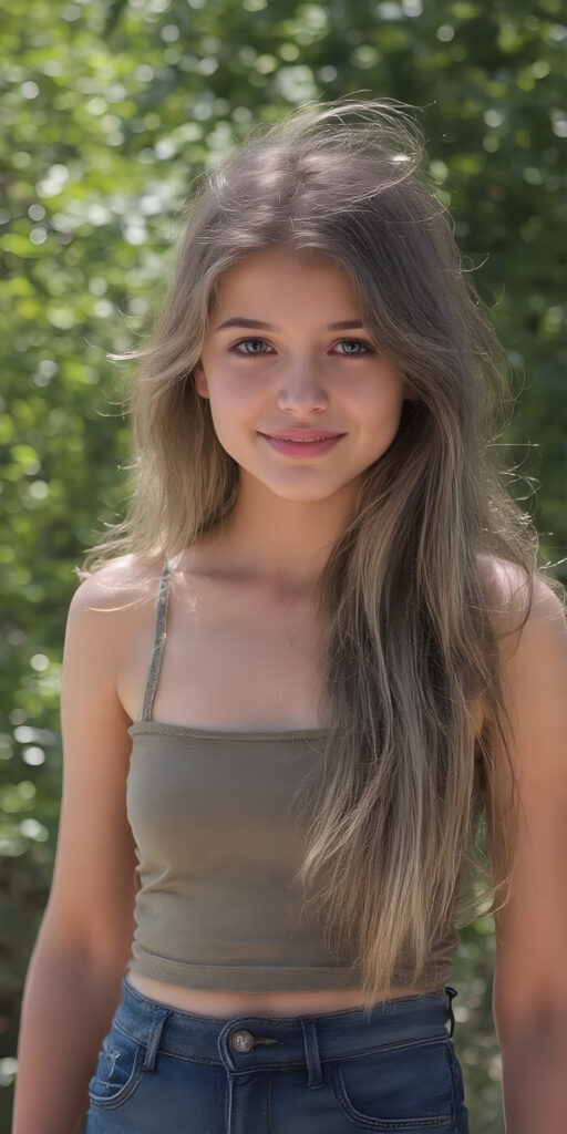 a young stunning gorgeous girl, short tank top, jeans pants, smile, long soft hair, natural green sunny backdrop