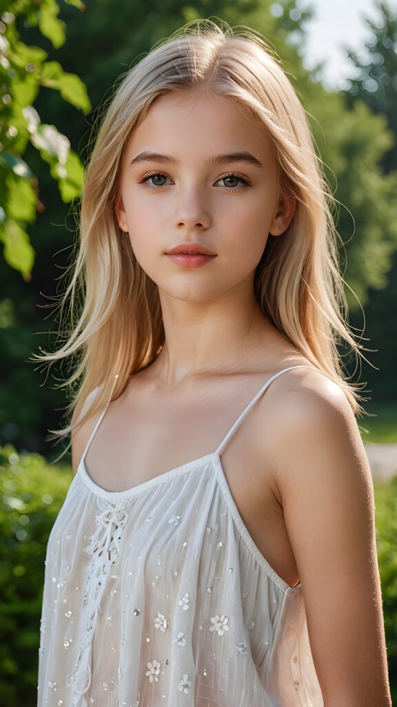 a young summer teen girl, lightly dressed, 13 years old, blond straight hair, flawless skin, ((stunning)) ((gorgeous)) ((detailed full body portrait)), ((empty background)), ((full lips))