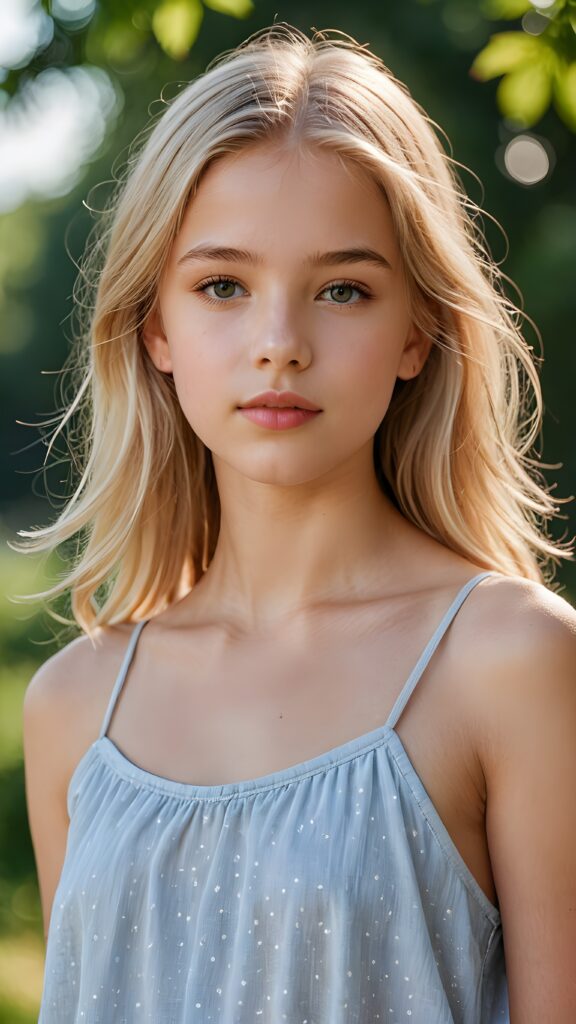 a young summer teen girl, lightly dressed, 13 years old, blond straight hair, flawless skin, ((stunning)) ((gorgeous)) ((detailed full body portrait)), ((empty background)), ((full lips))