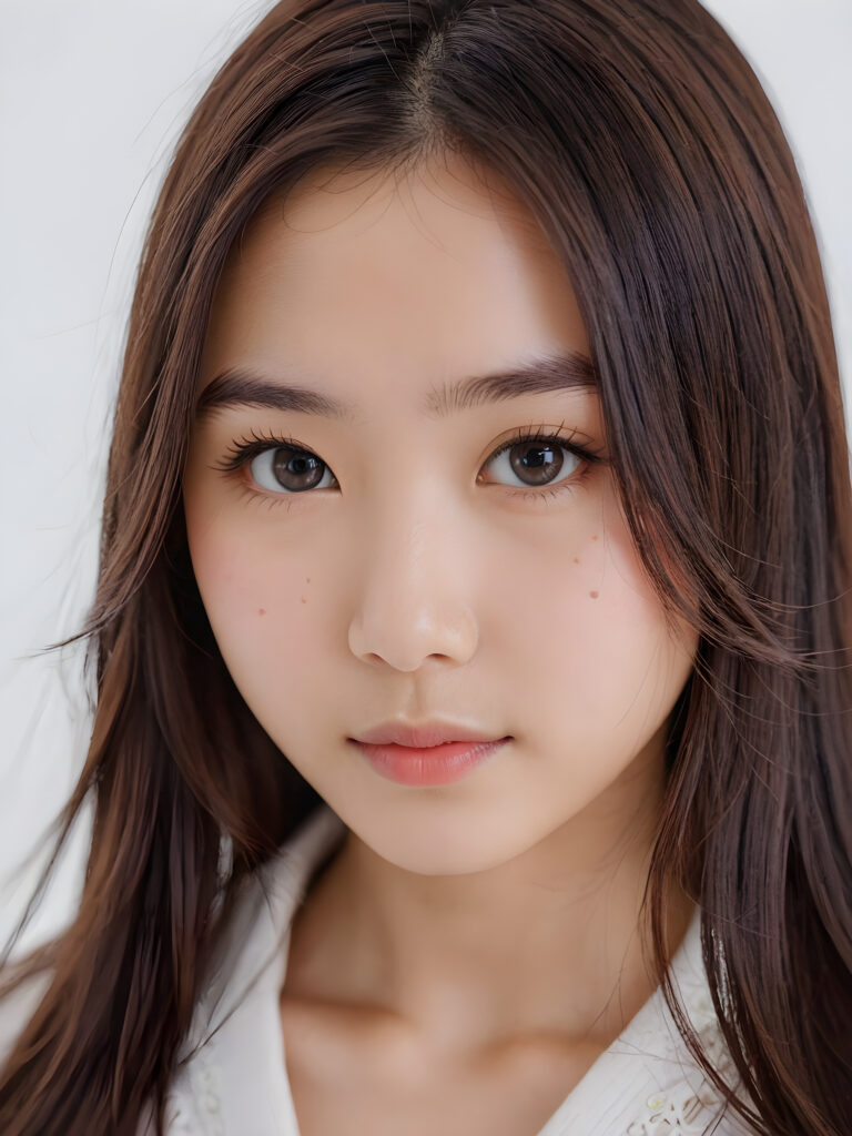 a young super cute Japanese girl, detailed close-up portrait, straight long hair, ((stunning)) ((gorgeous)) ((white background))