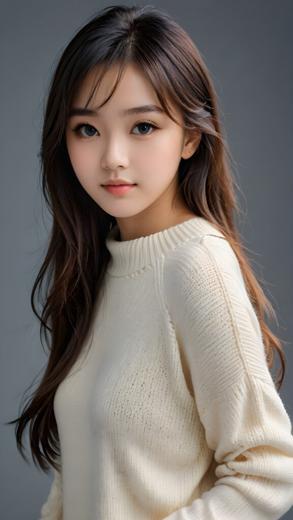 a young, sweet, pretty Asian teen girl ((stunning)) ((gorgeous)) ((masterpiece of photo)) is wearing a thin white wool sweater. She looks seductively at the viewer, long straight dark hair in bangs cut, deep blue eyes, she has a perfect body, side view, upper-body, grey background.