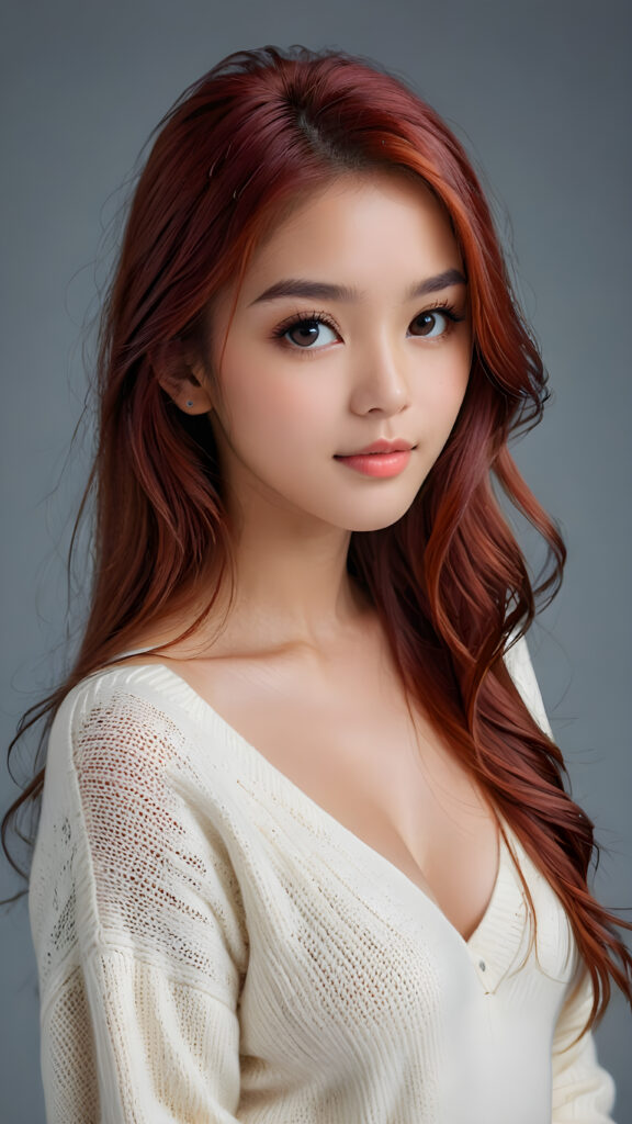 a young, sweet, pretty Filipino busty teen girl ((stunning)) ((gorgeous)) ((masterpiece of photo)) is wearing a thin white wool sweater with deep v-neck, she looks seductively at the viewer, long straight red shiny hair, deep blue eyes, she has a perfect body, side view, upper-body, grey background.