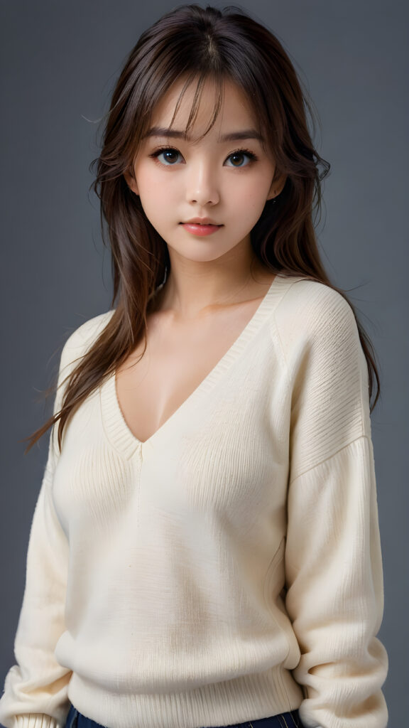 a young, sweet, pretty Japanese busty teen girl ((stunning)) ((gorgeous)) ((masterpiece of photo)) is wearing a thin white wool sweater with deep v-neck, she looks seductively at the viewer, long straight dark hair in bangs cut, deep blue eyes, she has a perfect body, side view, upper-body, grey background.