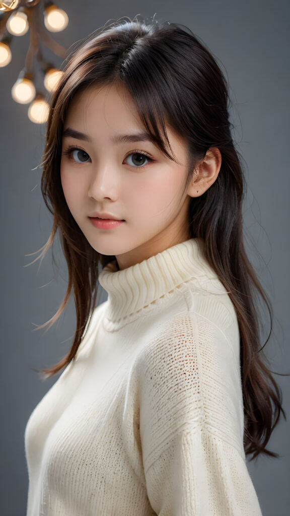 a young, sweet, pretty Chinese teen girl ((stunning)) ((gorgeous)) ((masterpiece of photo)) is wearing a thin white wool sweater. She looks seductively at the viewer, long straight dark hair in bangs cut, deep blue eyes, she has a perfect body, side view, upper-body, grey background