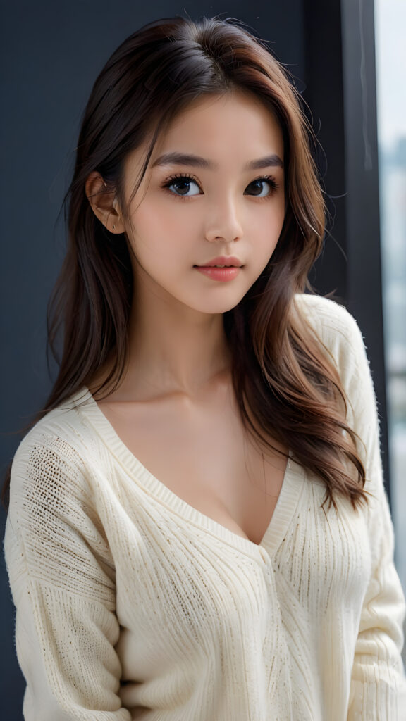 a young, sweet, pretty Malaysian busty teen girl ((stunning)) ((gorgeous)) ((masterpiece of photo)) is wearing a thin white wool sweater with deep v-neck, she looks seductively at the viewer, long straight dark shiny hair, deep blue eyes, she has a perfect body, side view, upper-body, grey background.