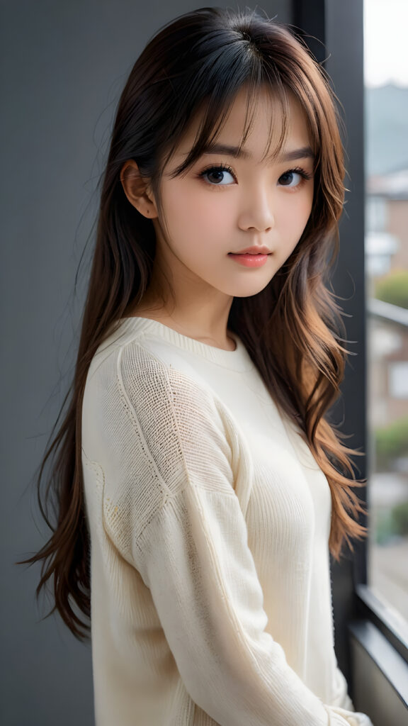 a young, sweet, pretty Asian teen girl ((stunning)) ((gorgeous)) ((masterpiece of photo)) is wearing a thin white wool sweater. She looks seductively at the viewer, long straight dark hair in bangs cut, deep blue eyes, she has a perfect body, side view, upper-body, grey background.