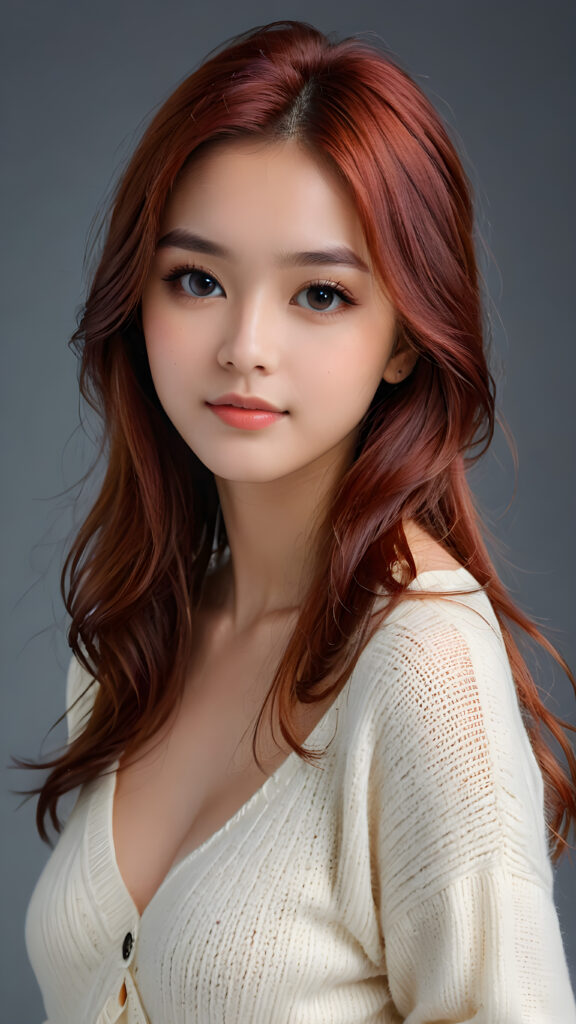 a young, sweet, pretty Filipino busty teen girl ((stunning)) ((gorgeous)) ((masterpiece of photo)) is wearing a thin white wool sweater with deep v-neck, she looks seductively at the viewer, long straight red shiny hair, deep blue eyes, she has a perfect body, side view, upper-body, grey background.