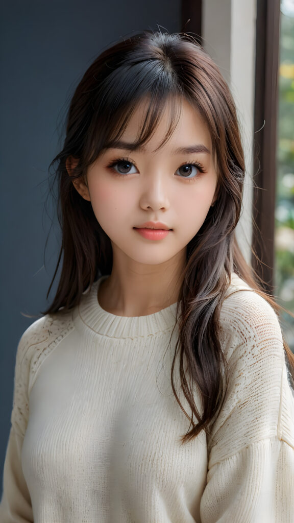 a young, sweet, pretty Chinese teen girl ((stunning)) ((gorgeous)) ((masterpiece of photo)) is wearing a thin white wool sweater. She looks seductively at the viewer, long straight dark hair in bangs cut, deep blue eyes, she has a perfect body, side view, upper-body, grey background