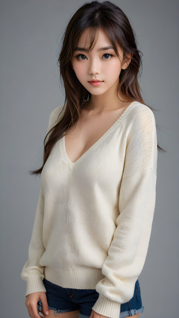 a young, sweet, pretty Japanese busty teen girl ((stunning)) ((gorgeous)) ((masterpiece of photo)) is wearing a thin white wool sweater with deep v-neck, she looks seductively at the viewer, long straight dark hair in bangs cut, deep blue eyes, she has a perfect body, side view, upper-body, grey background.