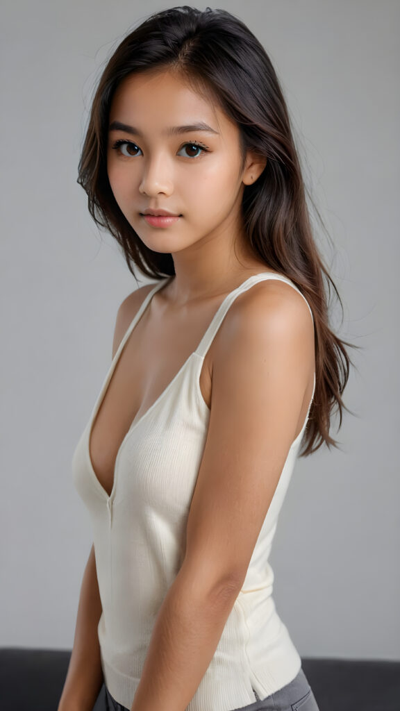 a young, sweet, tanned pretty Indonesian teen girl ((stunning)) ((gorgeous)) ((masterpiece of photo)) is wearing a thin white wool tank top, deep v-neck, she looks seductively at the viewer, long straight soft dark hair, amber shiny eyes, she has a perfect body, grey background