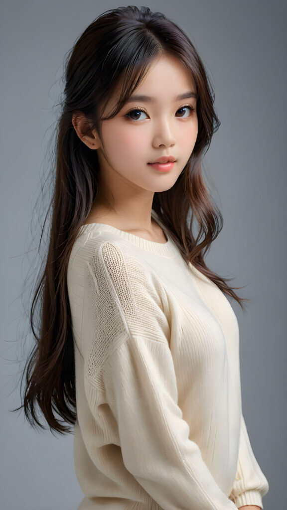 a young, sweet, pretty Taiwanese teen girl ((stunning)) ((gorgeous)) ((masterpiece of photo)) is wearing a thin white wool sweater. She looks seductively at the viewer, long straight dark hair in bangs cut, deep blue eyes, she has a perfect body, side view, upper-body, grey background.