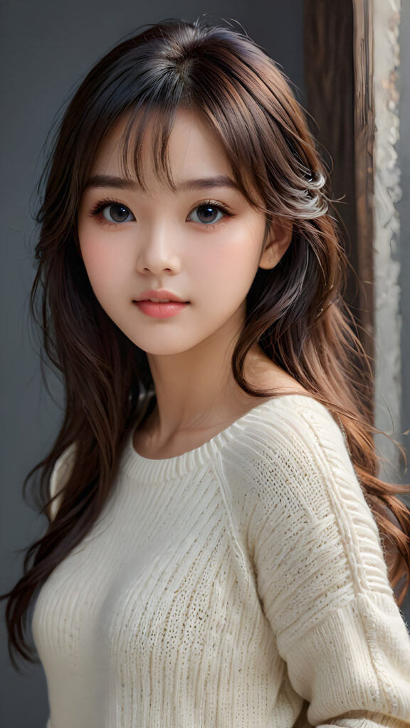 a young, sweet, pretty Taiwanese teen girl ((stunning)) ((gorgeous)) ((masterpiece of photo)) is wearing a thin white wool sweater. She looks seductively at the viewer, long straight dark hair in bangs cut, deep blue eyes, she has a perfect body, side view, upper-body, grey background.