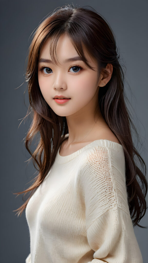 a young, sweet, pretty Taiwanese teen girl ((stunning)) ((gorgeous)) ((masterpiece of photo)) is wearing a thin white wool sweater. She looks seductively at the viewer, long straight dark hair in bangs cut, deep blue eyes, she has a perfect body, side view, upper-body, grey background.