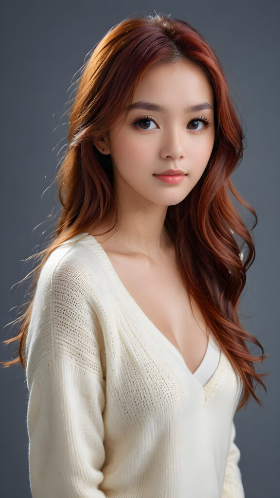 a young, sweet, pretty Filipino busty teen girl ((stunning)) ((gorgeous)) ((masterpiece of photo)) is wearing a thin white wool sweater with deep v-neck, she looks seductively at the viewer, long straight red shiny hair, deep blue eyes, she has a perfect body, side view, upper-body, grey background.