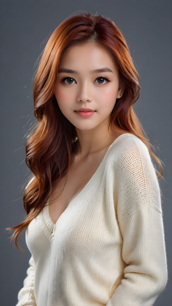 a young, sweet, pretty Filipino busty teen girl ((stunning)) ((gorgeous)) ((masterpiece of photo)) is wearing a thin white wool sweater with deep v-neck, she looks seductively at the viewer, long straight red shiny hair, deep blue eyes, she has a perfect body, side view, upper-body, grey background.