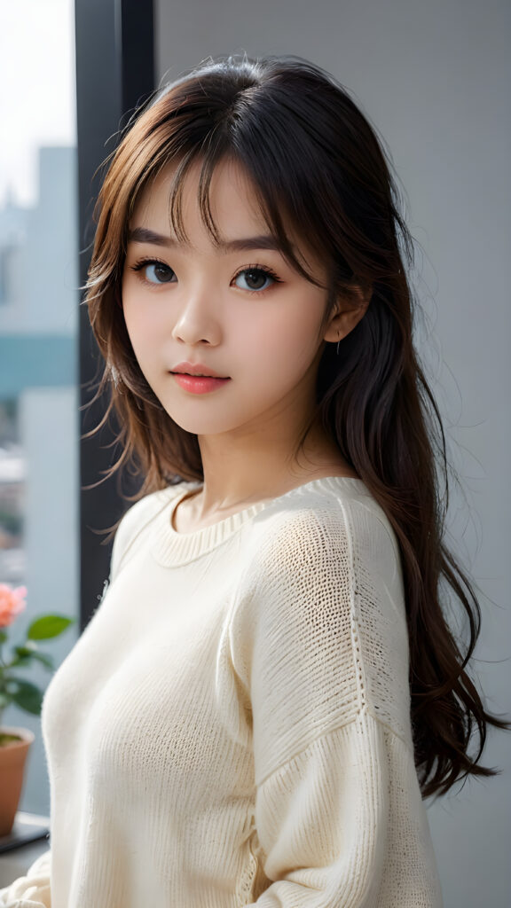 a young, sweet, pretty Asian teen girl ((stunning)) ((gorgeous)) ((masterpiece of photo)) is wearing a thin white wool sweater. She looks seductively at the viewer, long straight dark hair in bangs cut, deep blue eyes, she has a perfect body, side view, upper-body, grey background.