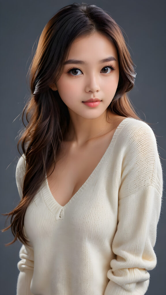 a young, sweet, pretty Malaysian busty teen girl ((stunning)) ((gorgeous)) ((masterpiece of photo)) is wearing a thin white wool sweater with deep v-neck, she looks seductively at the viewer, long straight dark shiny hair, deep blue eyes, she has a perfect body, side view, upper-body, grey background.