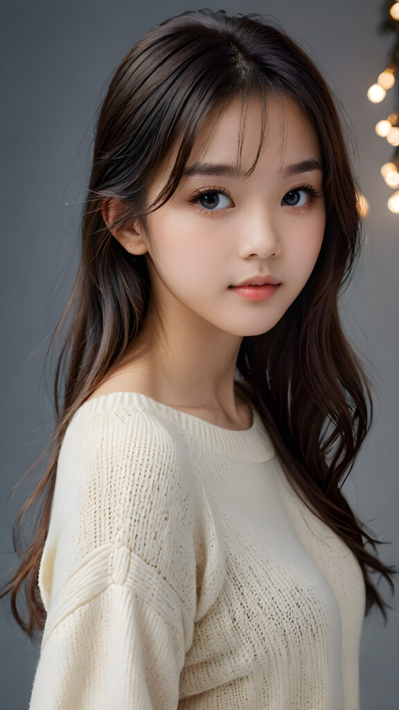 a young, sweet, pretty Chinese teen girl ((stunning)) ((gorgeous)) ((masterpiece of photo)) is wearing a thin white wool sweater. She looks seductively at the viewer, long straight dark hair in bangs cut, deep blue eyes, she has a perfect body, side view, upper-body, grey background