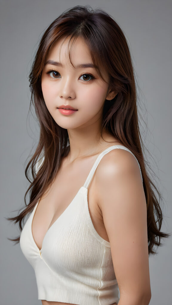 a young, sweet, pretty Korean busty teen girl ((stunning)) ((gorgeous)) ((masterpiece of photo)) is wearing a thin white wool tank top with deep v-neck, she looks seductively at the viewer, long straight shiny hair, bangs cut, amber eyes, she has a perfect body, side view, upper-body, grey background.