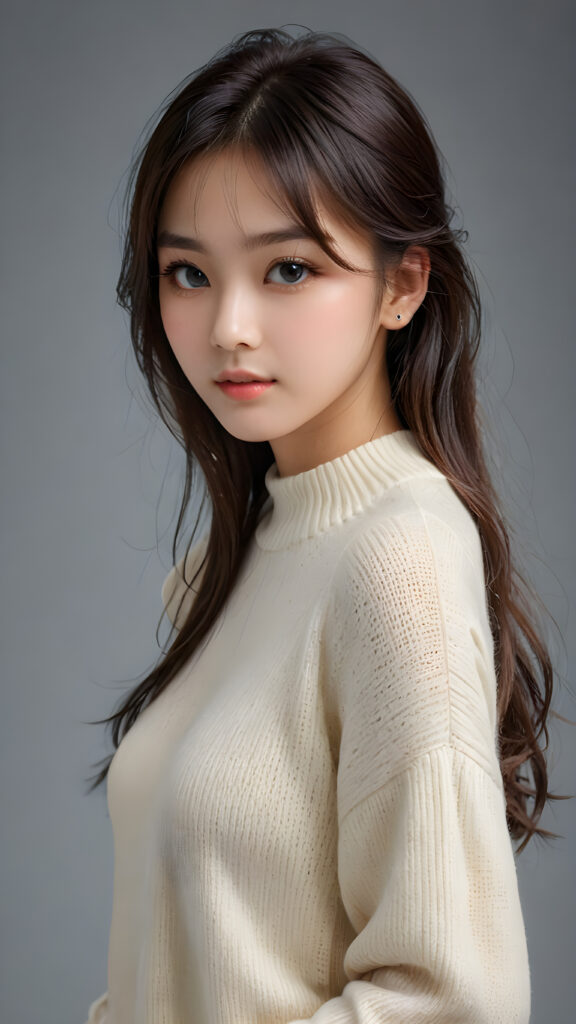 a young, sweet, pretty Taiwanese teen girl ((stunning)) ((gorgeous)) ((masterpiece of photo)) is wearing a thin white wool sweater. She looks seductively at the viewer, long straight dark hair in bangs cut, deep blue eyes, she has a perfect body, side view, upper-body, grey background.