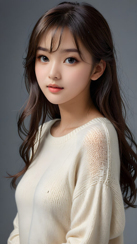 a young, sweet, pretty Taiwanese teen girl ((stunning)) ((gorgeous)) ((masterpiece of photo)) is wearing a thin white wool sweater. She looks seductively at the viewer, long straight dark hair in bangs cut, deep blue eyes, she has a perfect body, side view, upper-body, grey background.