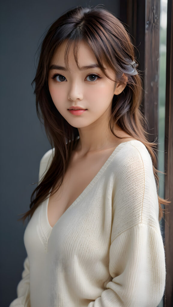 a young, sweet, pretty Japanese busty teen girl ((stunning)) ((gorgeous)) ((masterpiece of photo)) is wearing a thin white wool sweater with deep v-neck, she looks seductively at the viewer, long straight dark hair in bangs cut, deep blue eyes, she has a perfect body, side view, upper-body, grey background.