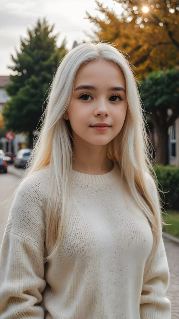 a (((young teen girl))), wears a super fine wool sweater, ((long straight white hair)) super realistic