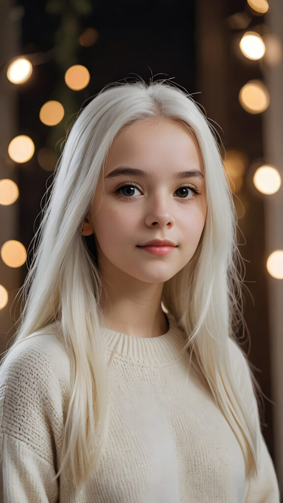 a (((young teen girl))), wears a super fine wool sweater, ((long straight white hair)) super realistic