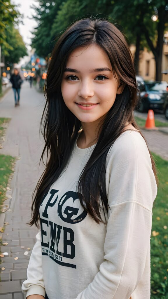 a young teen babe, dark hair, smile, in emo style