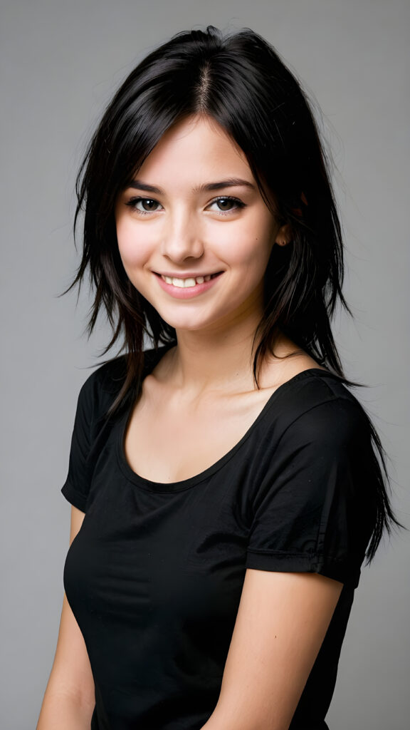 a young teen babe, dark hair, smile, in emo style, plain dark dressed