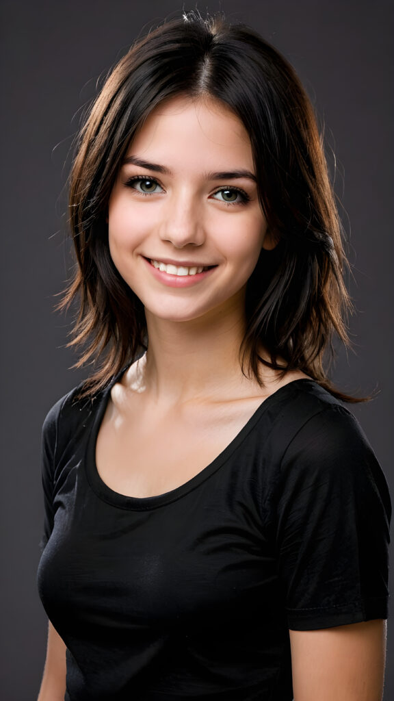 a young teen babe, dark hair, smile, in emo style, plain dark dressed